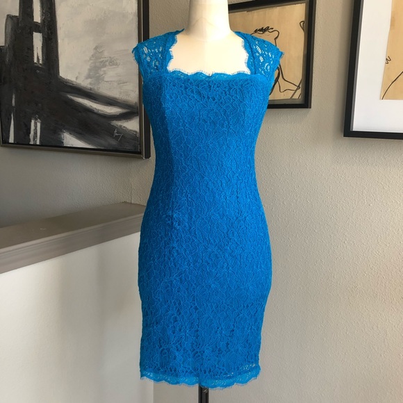 ADRIANNA PAPELL bright cerulean blue lace open back cocktail dress - Picture 1 of 7
